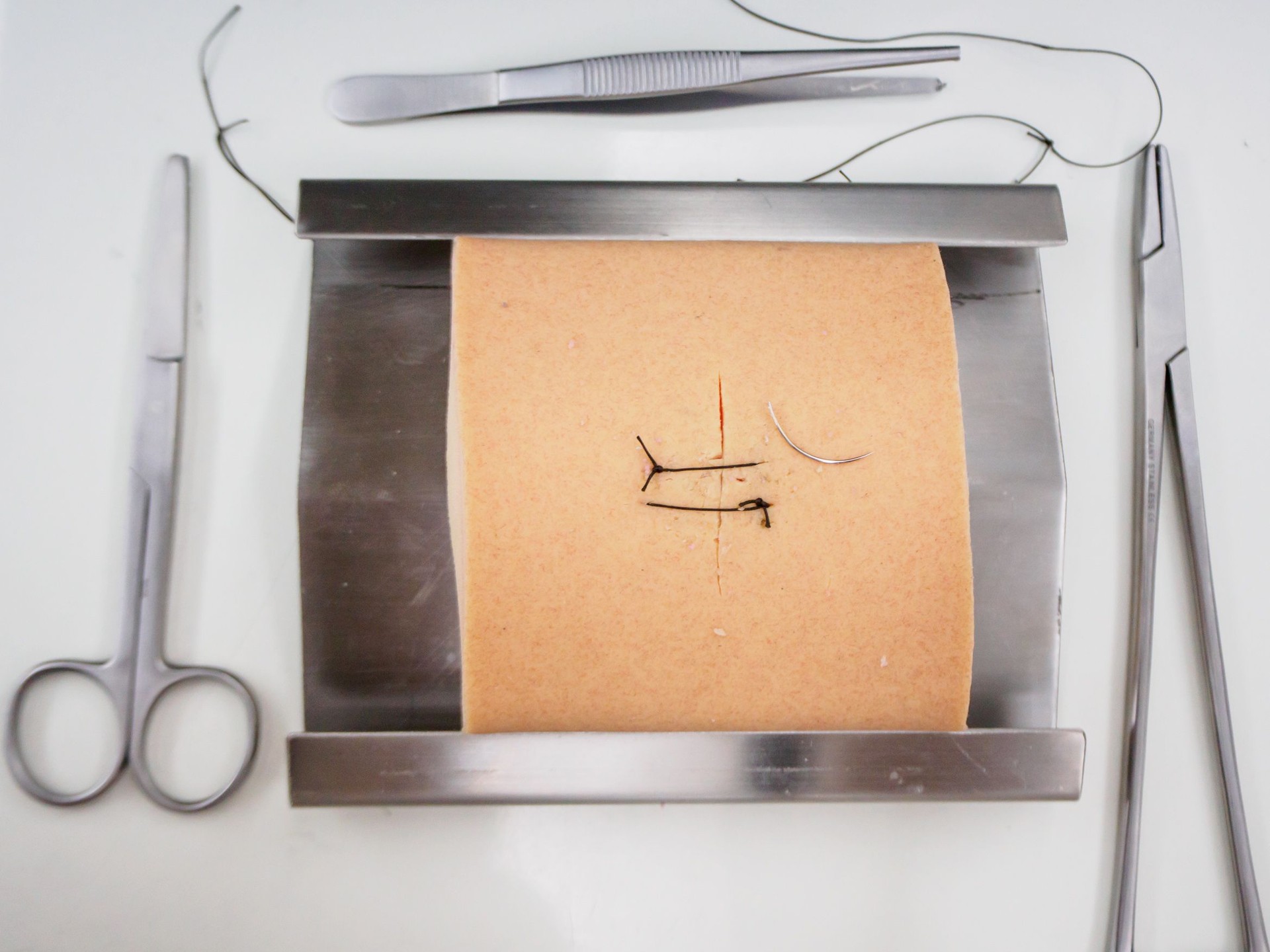 Top down view of surgery training kit and tools
